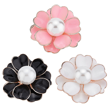 3Pcs 3 Colors Camellia Flower Enamel Pin with Imitation Pearl, Rose Gold Alloy Brooch for Backpack Clothes, Mixed Color, 31x31x16mm, 1Pc/color