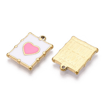 Vacuum Plating 201 Stainless Steel Enamel Pendants, Real 18K Gold Plated, Rectangle with Heart Charm, Pearl Pink, 20.5x15x2.5mm, Hole: 1.2mm