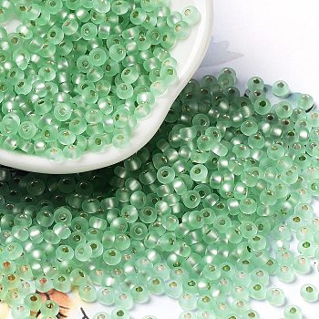 8/0 Glass Seed Beads, Frosted, Silver Lined, Round, Light Green, 3x2mm, Hole: 1mm