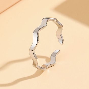201 Stainless Steel Open Cuff Rings for Women, Wave, Stainless Steel Color, Inner Diameter: 17mm
