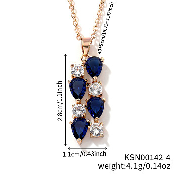 Brass Cubic Zirconia Long Tassel Pendant Necklaces for Fashionable Statement Style, Golden, Dark Blue, 15.75 inch(40cm)