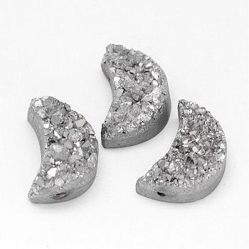 Electroplated Natural Druzy Quartz Crystal Beads, Moon, Silver Plated, 20x14x9~12mm, Hole: 1.5mm
