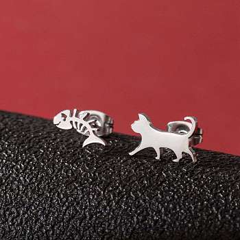 Stainless Steel Small Animal Stud Earrings for Women, Stainless Steel Color, Left and Right, Cat Shape, 60x40mm