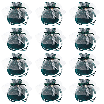 Nbeads 12Pcs Velvet Jewelry Drawstring Gift Bags, with Plastic Imitation Pearl & White Yarn, Wedding Favor Candy Bags, Dark Green, 15x14.5cm