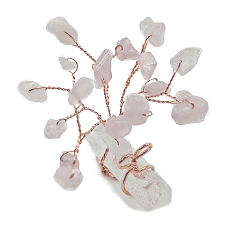 Natural Rose Quartz Chips Tree of Life Decorations, with Nuggets Gemstone Base and Copper Wire Feng Shui Energy Stone Gift for Women Men Meditation, 50x18x45mm