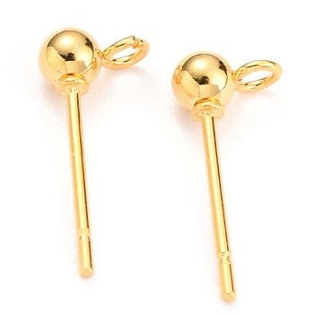 304 Stainless Steel Ball Post Stud Earring Findings, with Loop and 316 Surgical Stainless Steel Pin, Real 18K Gold Plated, 15x5x3mm, Hole: 1.5mm, Pin: 0.7mm
