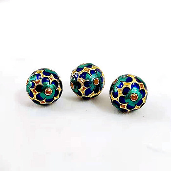 Brass Bead, with Enamel, Golden, Round, Teal, 11mm