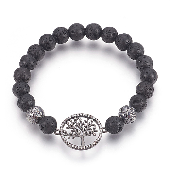 Stretch Bracelets, with Long-Lasting Plated Electroplated Natural Lava Rock, Natural Lava Rock and Brass Cubic Zirconia Beads, Flat Round with Tree, Gunmetal, 2-1/4 inch(5.8cm)