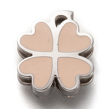304 Stainless Steel Slide Charms, Enamel Style, Clover, Bisque, Stainless Steel Color, 13.5x11.5x3.5mm, Hole: 7.5x1.5mm
