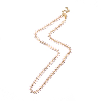 Enamel Ear of Wheat Link Chain Necklace, Vacuum Plating 304 Stainless Steel Jewelry for Women, Pearl Pink, 17-1/2~17-5/8 inch(44.4~44.7cm)