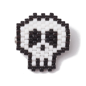 Halloween Skull Glass Seed Beads Brooch, with Iron Pins, White, 22x21mm