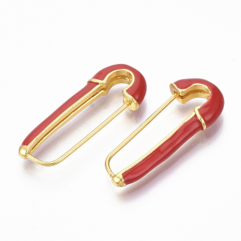 Brass Enamel Safety Pins Earrings, Real 18K Gold Plated, Nickel Free, Red, 28x12x4mm, Pin: 1mm