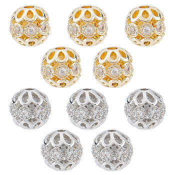 10Pcs 2 Colors Rack Plating Brass Micro Pave Clear Cubic Zirconia Beads, Long-Lasting Plated, Real Gold Plated & Real Platinum Plated, 8mm, Hole: 1.4mm, 5pcs/color