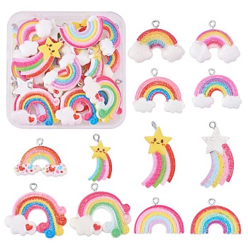 36 Pieces 12 Styles Glitter Powder Rainbow Pendants,  Rainbow Cloud Resin Charm, with Platinum Tone Iron Loops,  Mixed Shape for Jewelry Necklace Earring Making Crafts, Mixed Color, Star Rainbow: about 22x12~33x18mm, Cloud Rainbow: about 16x14~31x24mm
, 3pcs/style