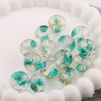Transparent Resin Inner Dried Flower Beads, with Gold Foil, Round, Dark Turquoise, 16mm, Hole: 2mm