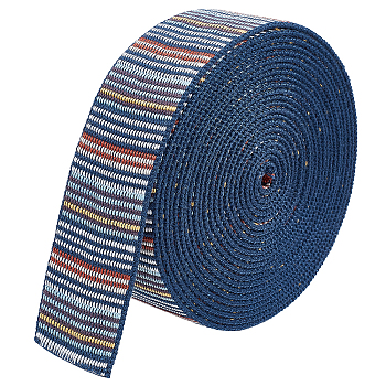 5 Yards Polyester Ribbons, Jacquard Ribbon, Stripe Pattern, Marine Blue, 1-1/2 inch(38mm)