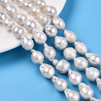 Natural Baroque Pearl Keshi Pearl Beads Strands, Cultured Freshwater Pearl, Round, Seashell Color, 13~19.5x10~15mm, Hole: 0.5mm, about 27~29pcs/strand, 15.68~15.87''(39.2~40.3cm)