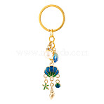 Shell Shape Alloy & Enamel & ABS Plastic Imitation Pearl Keychains, with Iron Split Key Ring, Golden, Blue, 86mm(KEYC-TADJ00006)