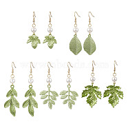 Painting Alloy Dangle Earrings, with 304 Stainless Steel Earring Hooks and Shell Pearl Beads, Leaf, Yellow Green, 53.5~78x19~30mm(EJEW-JE05740)