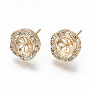 Brass Micro Pave Clear Cubic Zirconia Stud Earring Findings, for Half Drilled Bead, Nickel Free, Flower, Real 18K Gold Plated, 12mm, Pin: 0.7mm, Pin: 0.7mm(for Half Drilled Bead)(KK-T062-53G-NF)