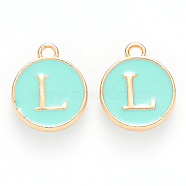 Golden Plated Alloy Enamel Charms, Cadmium Free & Lead Free, Enamelled Sequins, Flat Round with Letter, Turquoise, Letter.L, 14x12x2mm, Hole: 1.5mm(ENAM-S118-05L)