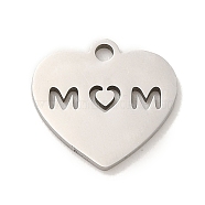 Mother's Day 201 Stainless Steel Charms, Laser Cut, Heart with Word Mom Charm, Stainless Steel Color, 13x14x1mm, Hole: 1.6mm(STAS-E217-14P)