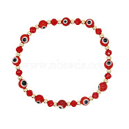 Bohemian Style Brass &  Glass Evil Eye Beads Stretch Bracelets, Red, Inner Diameter: 2-3/8 inch(6cm)(TX5034)