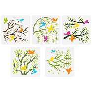 5Pcs 5 Styles Branch Theme PET Hollow Out Drawing Painting Stencils, for DIY Scrapbook, Photo Album, Bird, 150x150mm, 1pc/style(DIY-WH0394-0149)