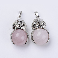 Natural Rose Quartz Pendants, with Platinum Tone Brass Findings, Owl with Round Ball, 31x18.5x16mm, Hole: 5x8mm(G-P350-A16)