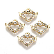 Brass Micro Pave Clear Cubic Zirconia Charms, Nickel Free, Heart with Wings, Real 18K Gold Plated, 10x13x2mm, Hole: 1.2mm(KK-S354-242-NF)