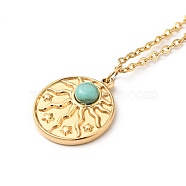 Synthetic Turquoise Pendant Necklace, Gold Plated 304 Stainless Steel Jewelry for Men Women, Sun Pattern, Pendant: 17x15x4mm, 17.64 inch(44.8cm)(G-I333-08C)