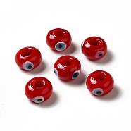 Handmade Evil Eye Lampwork Beads, Rondelle, FireBrick, 13~14.5x13.5~15x8~9mm, Hole: 4.5mm(LAMP-A153-08-01)