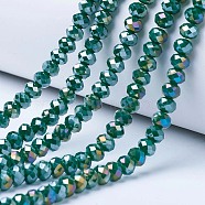 Electroplate Glass Beads Strands, Opaque Solid Color, AB Color Plated, Faceted, Rondelle, Dark Green, 8x6mm, Hole: 1mm, about 63~65pcs/strand, 39~40cm(EGLA-A034-P8mm-B09)