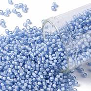 TOHO Round Seed Beads, Japanese Seed Beads, (933F) Frosted Inside Color Light Sapphire/White Lined, 11/0, 2.2mm, Hole: 0.8mm, about 135000pcs/pound(SEED-TR11-0933F)