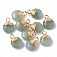 Natural Green Aventurine Pendants, with Golden Tone Brass Wires and Iron Loops, Half Drilled, Flat Round, 14~15x10~11x5~6mm, Hole: 1.5~2mm(G-S359-021C)