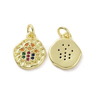 Brass Micro Pave Cubic Zirconia Charms, Real 18K Gold Plated, with Jump Ring, Irregular Flat Round & Hamsa Hand/Hand of Fatima/Hand of Miriam, Colorful, 14x11.5x1.5mm, Jump Ring: 5x0.8mm, Inner Diameter: 3.2mm(KK-E068-VF087)