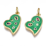 Brass Micro Pave Cubic Zirconia Enamel Charms, with Jump Rings, Nickel Free, Heart, Real 16K Gold Plated, Green, 10.5x13.5x2mm, Jump Ring: 5x0.8mm, 3mm inner diameter(ZIRC-Q200-024B-NF)