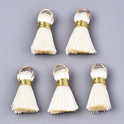 Handmade Polycotton(Polyester Cotton) Tassel Decorations, Pendant Decorations, with Golden Iron Loops, Cornsilk, 17~21x10x5mm, Jump Ring: 6x0.7mm, Inner Diameter: 4.6mm(FIND-R092-11)