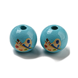 Printed Wood European Beads, Large Hole Beads, Round, Sky Blue, 16~16.5x14.5~15mm, Hole: 4mm(WOOD-L020-D08)