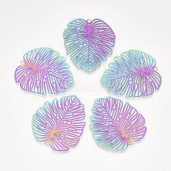 Ion Plating(IP) 201 Stainless Steel Filigree Pendants, Etched Metal Embellishments, Tropical Leaf Charms, Monstera Leaf, Rainbow Color, 39.5x35x0.2mm, Hole: 2mm(STAS-YW0002-37)