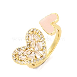 Brass Micro Pave Clear Cubic Zirconia Open Cuff Rings, Heart Enamel Ring for Women, Lead Free & Cadmium Free, Real 18K Gold Plated, Misty Rose, Inner Diameter: 17.2mm(RJEW-U009-04D-G)