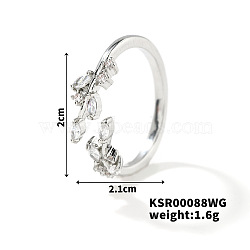 Fashionable European and American Style Brass Rhinestones Leaf Cuff Ring for Women, Platinum(SP8903-7)