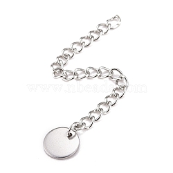 304 Stainless Steel Chain Extender, Curb Chain, with 202 Stainless Steel Charms, Flat Round, Stainless Steel Color, 58~63mm, Link: 3.7x3x0.5mm, Flat Round: 8x0.7mm(STAS-F268-48P)