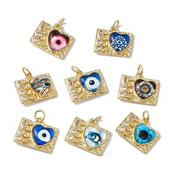 Brass Micro Pave Clear Cubic Zirconia Pendants, Rectangle with Heart Charm, with Eye Resin and Jump Rings, Lead Free & Cadmium Free, Real 18K Gold Plated, Mixed Color, 16x18.5x4.5mm, Hole: 4mm(KK-I692-05G)