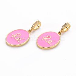 Brass Micro Pave Clear Cubic Zirconia Pendants, with Enamel, Oval, Nickel Free, Pearl Pink, Real 18K Gold Plated, 26x13x5.5mm, Hole: 3mm(KK-R133-022B-NF)