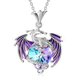 Alloy Rhinestone Dragon Holding Heart Pendant Necklaces with Enamel, Cable Chain Necklaces for Women, Platinum, Tanzanite, 17.72 inch(45cm)(PW-WGD9ED9-02)