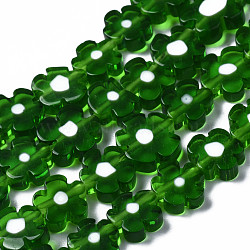 Handmade Millefiori Glass Bead Strands, Flower, Green, 7.5~9x3mm, Hole: 1mm, about 55~57pcs/strand, 15.55 inch~15.94 inch(39.5cm~40.5cm)(LAMP-J035-8mm-35)