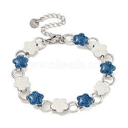 304 Stainless Steel Enamel Flower Link Chain Bracelets with Glitter Powder, Stainless Steel Color, Dodger Blue, 6-7/8 inch(17.5cm)(BJEW-S153-05P-01)