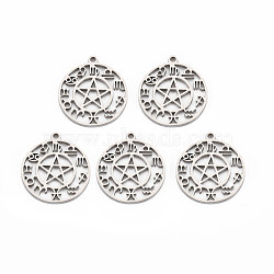 201 Stainless Steel Hollow Pendants, Flat Round with Star & 12 Constellations, Stainless Steel Color, 28x25x1.5mm, Hole: 2mm(STAS-S119-151P)