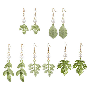 Painting Alloy Dangle Earrings, with 304 Stainless Steel Earring Hooks and Shell Pearl Beads, Leaf, Yellow Green, 53.5~78x19~30mm